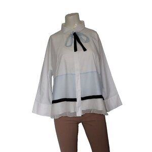 Dorothee Schumacher Womens 4 Large US8 White Blue Blouse Colorblock Silk Tie Top